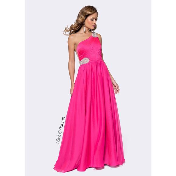 ASHLEYLAUREN Hot Pink Pleated Crystal Pearl Beaded One Shoulder Gown Size 8 - Picture 1 of 15